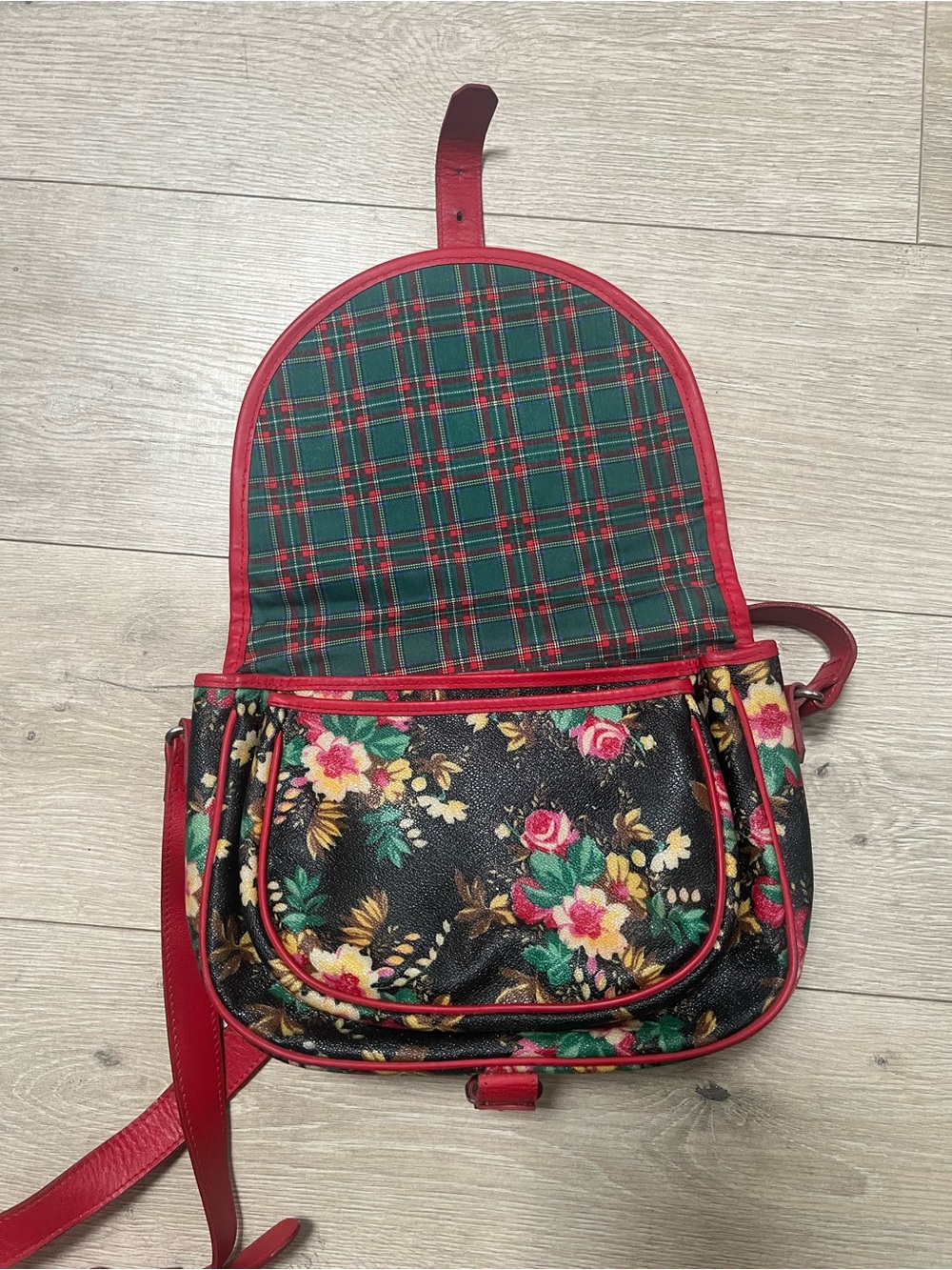 Kenzo Black Floral Crossbody Bag with Red Leather Trim and Plaid Interior - Picture 3 of 8